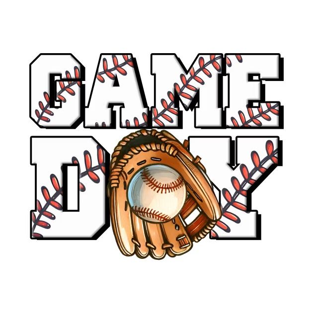 a baseball mitt with the word game day written in white and red lettering on it