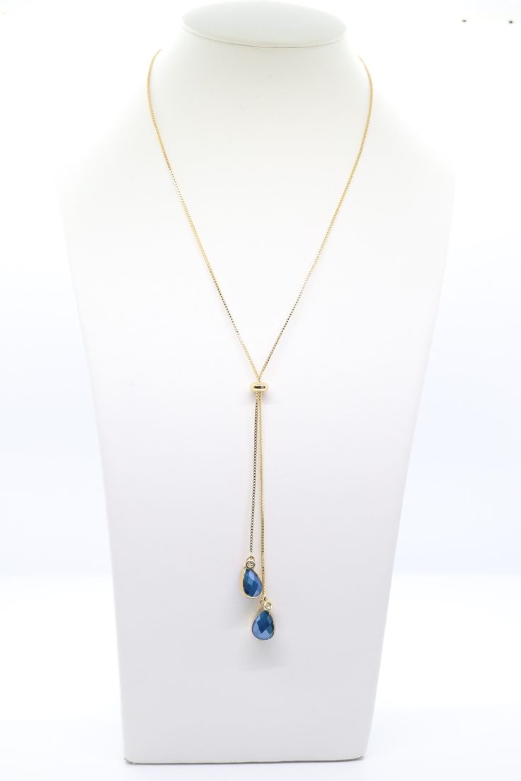 Gold and Blue Necklace Elegant Blue Delicate Chain Necklace, Elegant Blue Long Chain Necklace, Elegant Long Blue Chain Necklace, Elegant Blue Clavicle Chain Necklace, Elegant Blue Chain Necklace, Elegant Blue Beaded Necklace With Adjustable Chain, Adjustable Blue Chain Necklace, Blue Long Necklace For Party, Elegant Blue Chain Necklace For Party