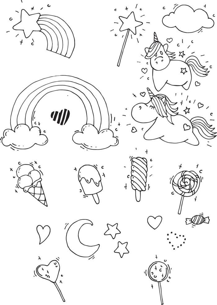 vector seamless pattern with unicorns. magical unicorns, rainbow, lollipops, clouds, line drawings isolated on white background. in the style of doodle, flat, cartoon. coloring book, black and white Unicorn Line Drawing, Rain Cloud Tattoos, Rainbow Doodles, Unicorn Doodle, Cloud Tattoos, Rainbow Doodle, Book Black And White, Unicorn Background, Rainbow Lollipops