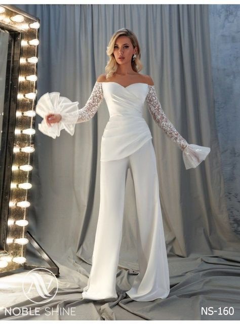 Wedding Jumpsuit With Sleeves, White Jumpsuit Wedding Classy, Bridal Pantsuit Brides, Engagement Jumpsuit, Jumpsuit Elegant Wedding, White Bridal Jumpsuit, Ns 160, Reception Jumpsuit, Wedding Dress Pantsuit