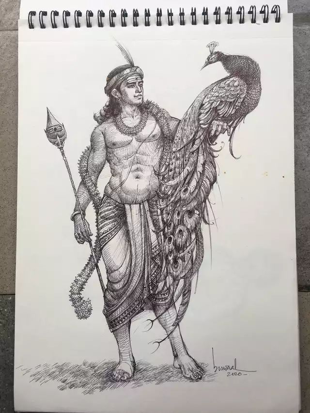 a pencil drawing of a man with a peacock on his arm and an arrow in his hand