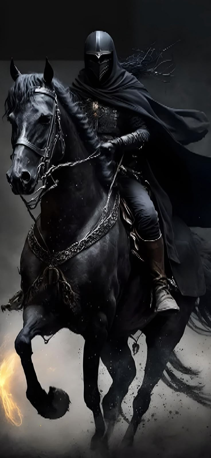 a man riding on the back of a black horse in front of a sky background