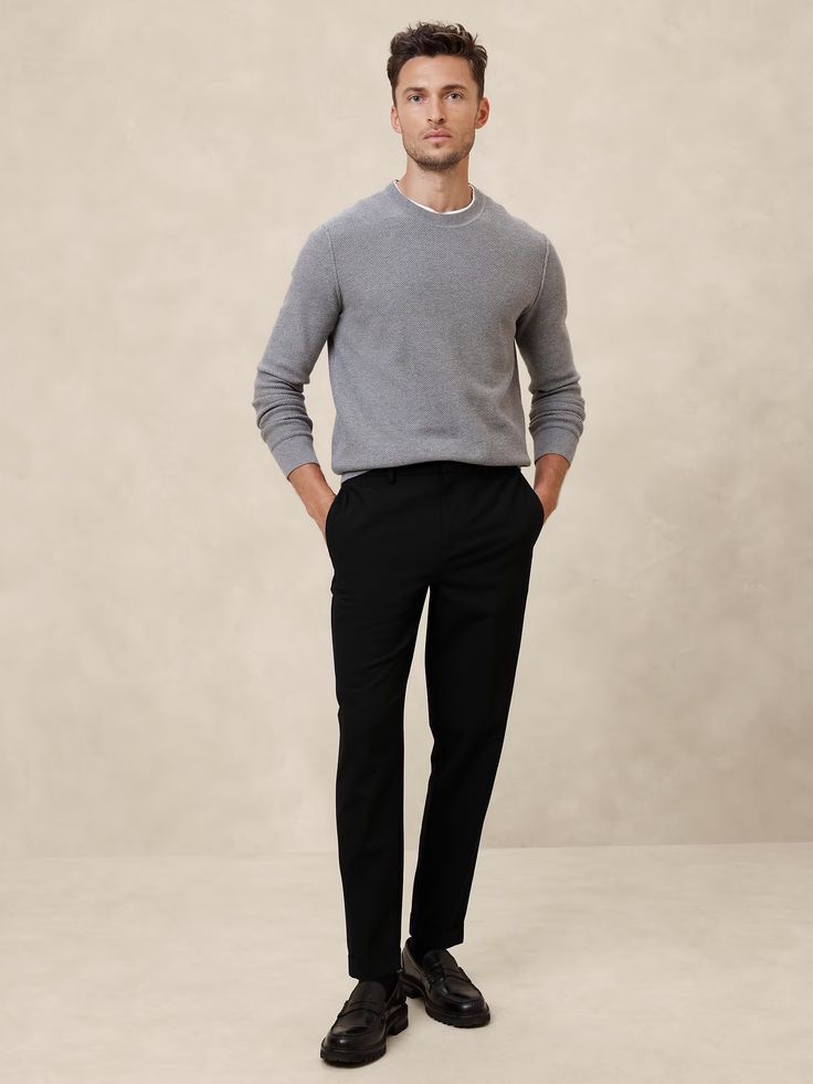 Tailored EWaist Tapered Pant | Banana Republic Factory Mens Sweater And Dress Pants, Black Chino Pants Men Outfits Smart Casual, Tapered Trousers Outfit Men, High Waisted Dress Pants Men, Men’s Smart Casual Style Work, Mens Fashion Basics, Business Casual Men’s, Casual Office Wear Men, Semi Formal Mens Wedding Attire Guest