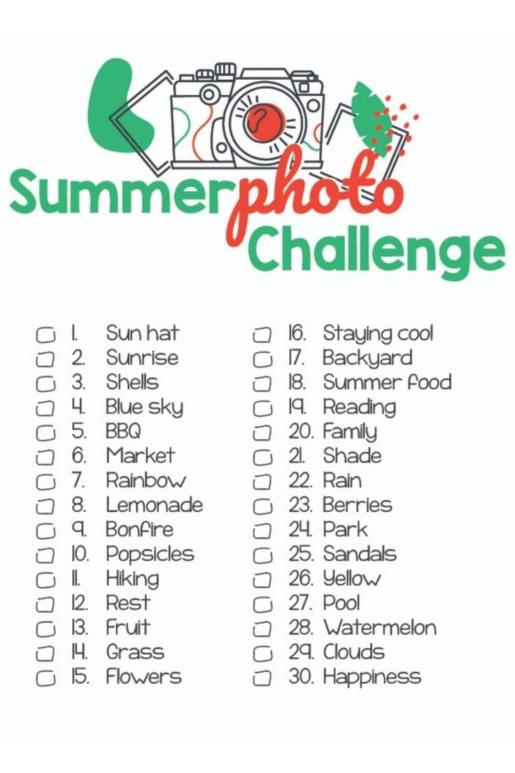 the summer photo challenge is shown in red, green and white with an image of a camera