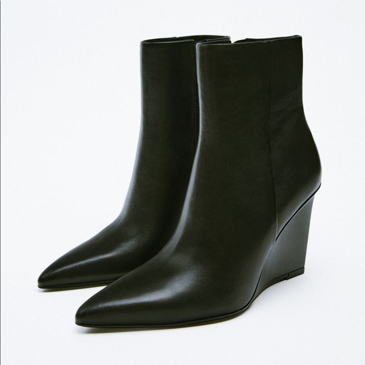 Genuine Zara New With Tag Material: Leather Upper Color: Black So Chic And Classic. Euro Size 37 Elegant Ankle-high Leather Wedge Boots, Black High Ankle Wedge Boots For Spring, High Heel Wedge Boots For Office, Chic Wedge Boots With Reinforced Heel, Chic Black High Ankle Wedge Boots, Chic Platform Boots With Wedge Heel, Chic Leather Ankle Wedge Boots, Chic Leather Wedge Ankle Boots, Chic Medium Width Platform Wedge Boots