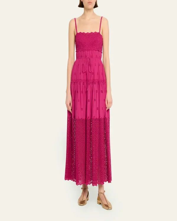 Ulla Johnson Isadore Eyelet A-line Maxi Dress - Ruby | Editorialist Cotton A-line Maxi Dress With Ruffles, A Line Maxi Dress, Cotton Maxi, Maxi Dress Cotton, Scalloped Hem, Cotton Voile, Ulla Johnson, Yellow Dress, Drawstring Waist