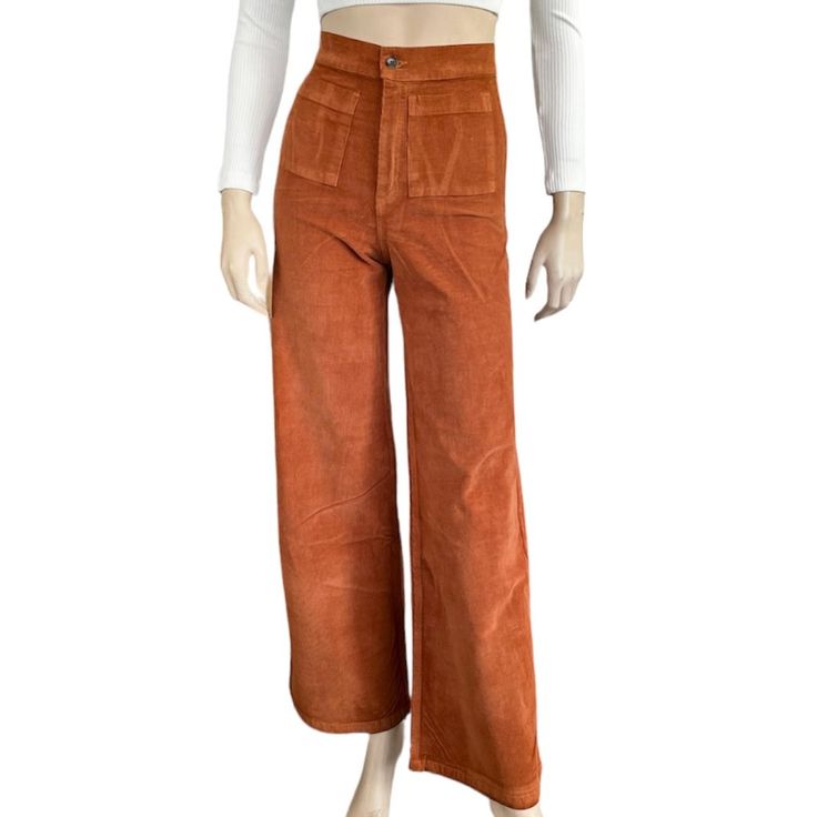 "Bring Some Funk Into Your Life With This High-Waisted Corduroy Pant Featuring Front Pockets, A Button-Zipper Fly And The Perfect Flare Leg. *Fabric: Corduroy, 100% Cotton *Care: Wash Cold. *Made In Usa." Orange Relaxed Fit Pants With Pockets, Relaxed Fit Orange Pants With Pockets, Spring Orange Jeans With Pockets, Orange Jeans For Spring, Orange Full-length Bottoms With Pockets, Orange Cotton Pants For Fall, Orange Full Length Bottoms With Pockets, Trendy High Waist Orange Pants, Orange Straight Pants With Pockets