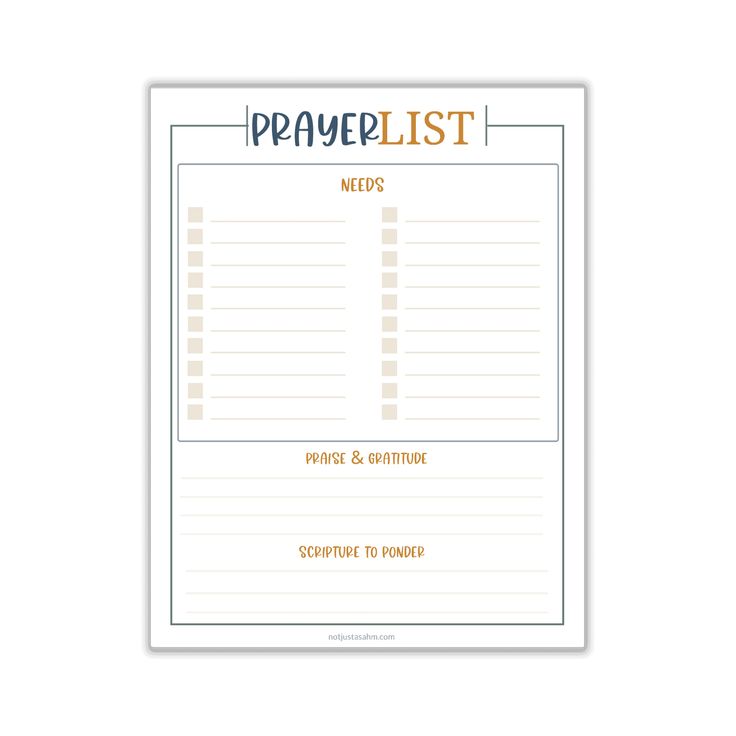 a printable prayer list with the words,'praylist'in orange and blue