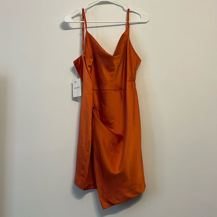 Short Style Silk Orange Dress With Slit In Front. Very Cute And Imported From Turkey. Silk Orange Dress, One Shoulder White Dress, Orange Silk Dress, Basic Dresses, Striped Dress Summer, Silk Cocktail Dress, Bow Detail Dress, Denim Shirt Dress, Mini Wrap Dress