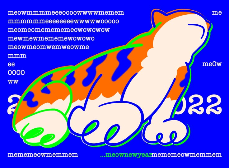 an orange and white cat laying down on top of a blue background with words below it