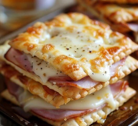 three sandwiches stacked on top of each other with cheese and meat in the crusts