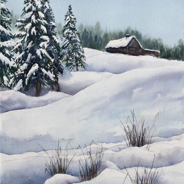 a painting of snow covered trees and a house