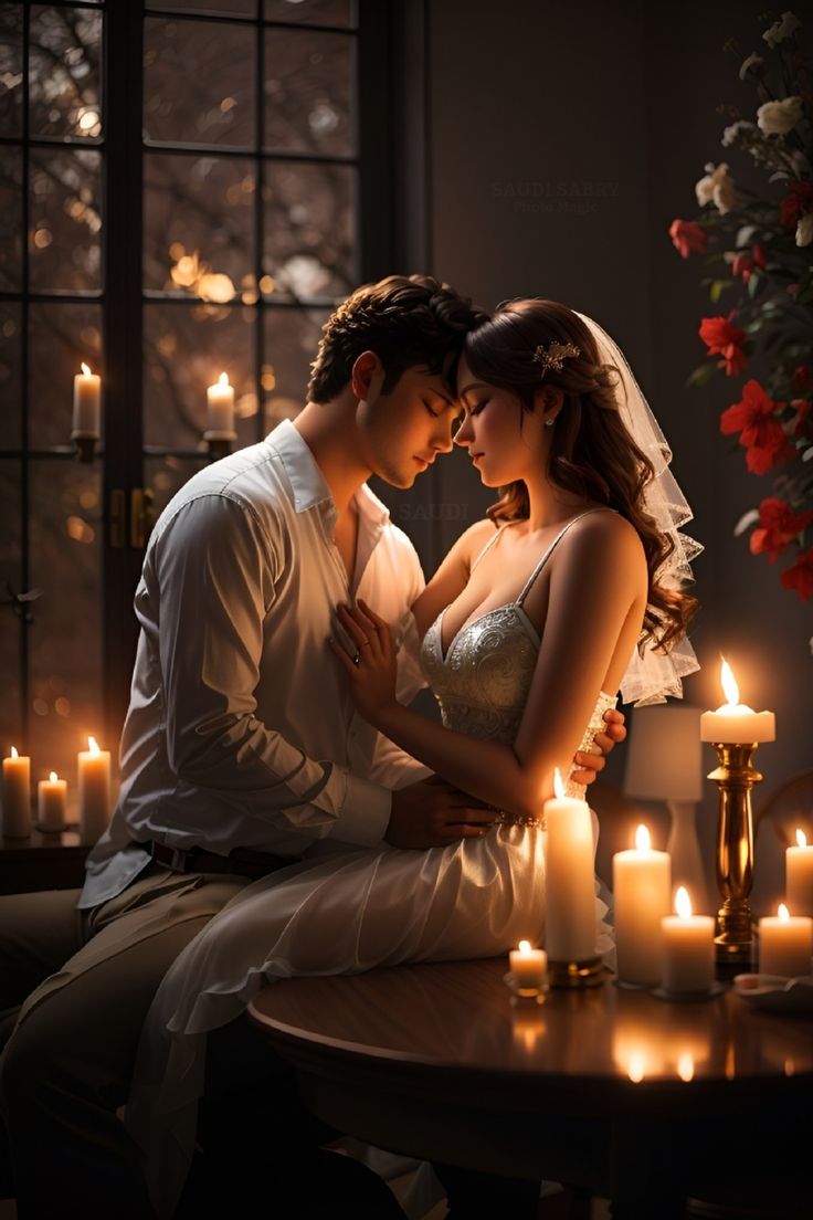 a man and woman sitting next to each other on a table with candles in front of them