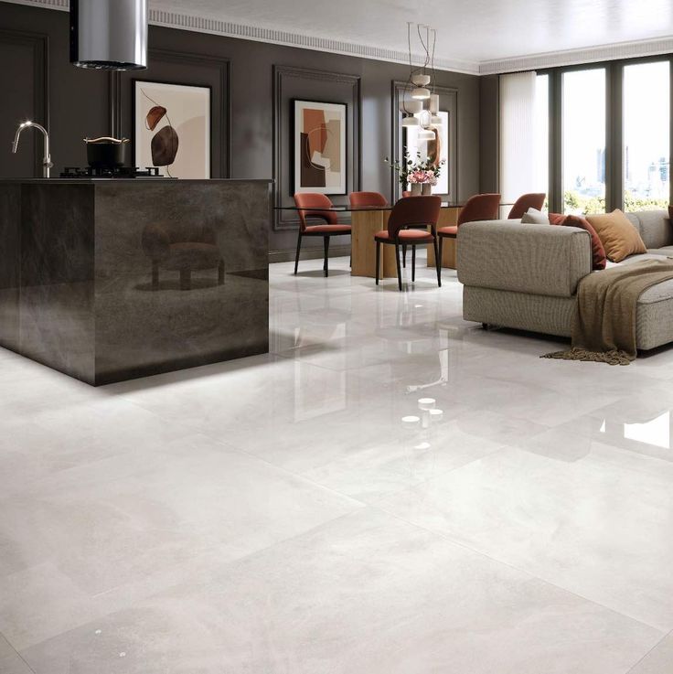 Polished Porcelain Tile White River 39x39 Rectified for interior residential applications White Tiles Living Room, Porcelain Tile Floor Living Room, White Floors Living Room, Marble Floor Living Room, Tile Floor Living Room, White Marble Floor, Modern Flooring, White Tile Floor, Living Room Tiles