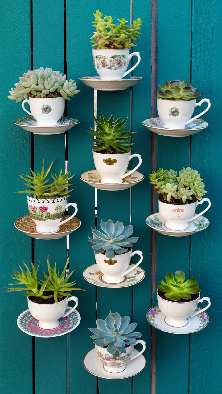 there are many cups and saucers with succulents in them on the wall