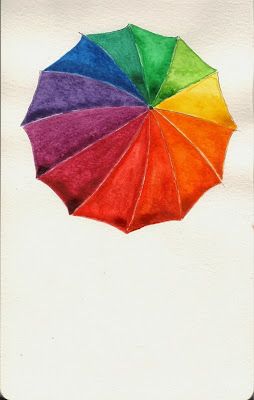 a drawing of a rainbow colored umbrella on white paper