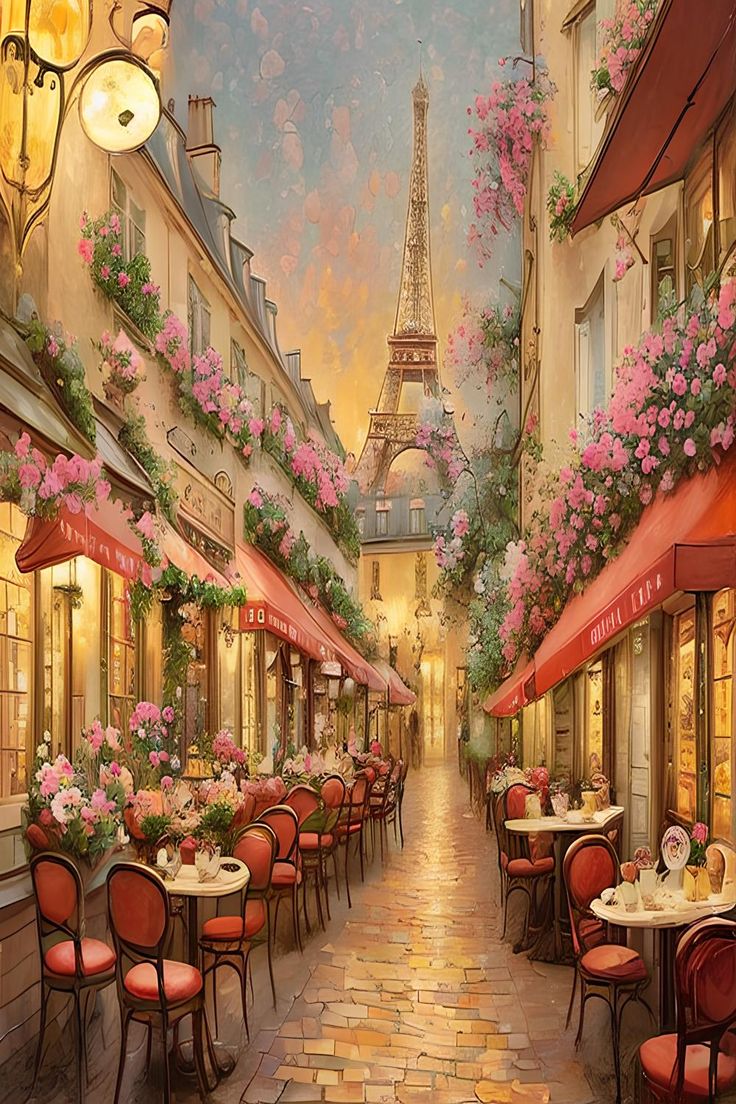 an oil painting of the eiffel tower in paris with tables and chairs outside