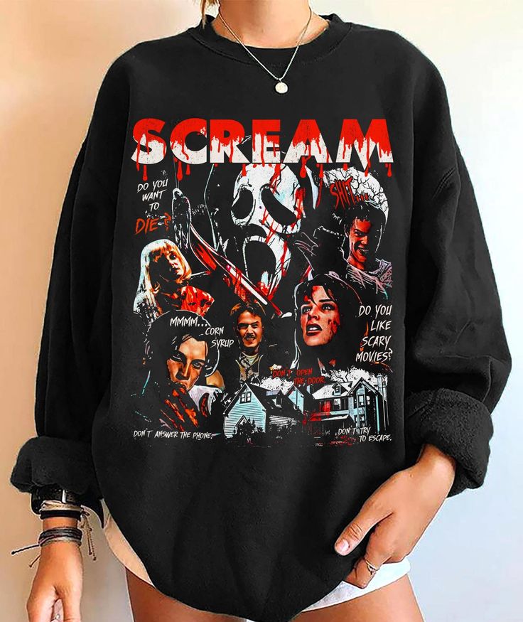 Granpa Gifts, Stu Macher Outfit, Ghostface Clothes, Ghostface Billy Loomis, Horror Sweater, Billy Loomis Stu Macher, Horror T Shirts, Scream Hoodie, Cool Hoodies Designs