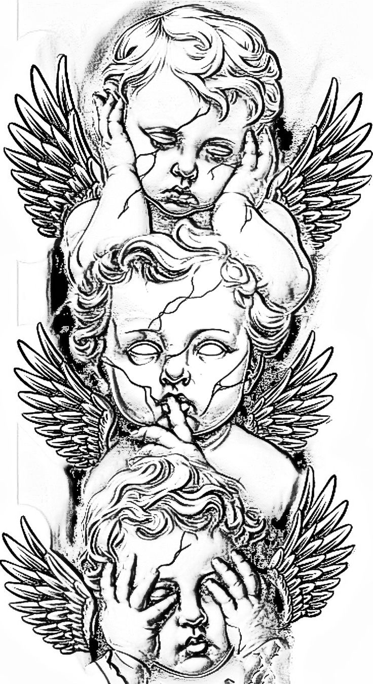 an ink drawing of three angels with their heads in the air and hands over their eyes