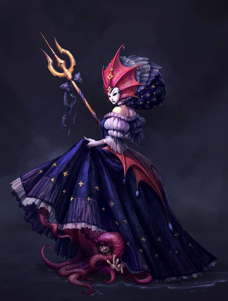 a woman dressed as an octopus with a horned head holding a staff and wearing a purple dress