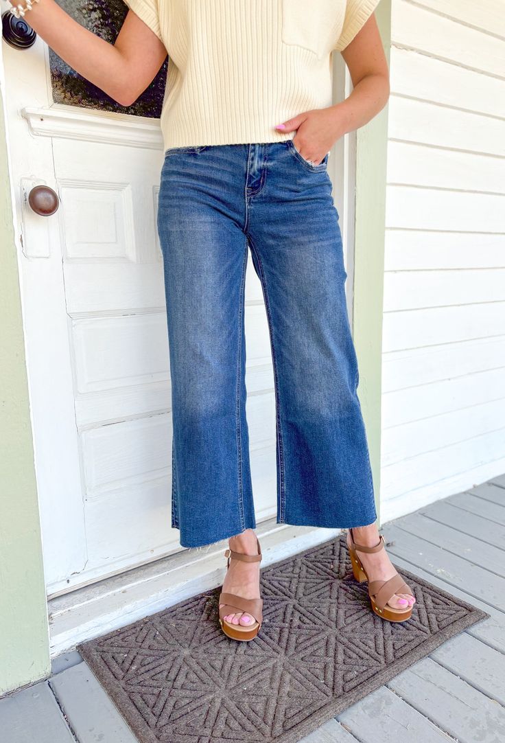 Olivia Wide Leg Denim by Vervet, non-distressed medium to dark wash wide leg with raw hem Wide Leg Cropped Jeans Outfit, Cropped Jeans Outfit, Fall Jeans, Pullover Cardigan, Fashion Over 40, Wide Leg Denim, Shop Maxi Dresses, Solid Dress, Jean Outfits