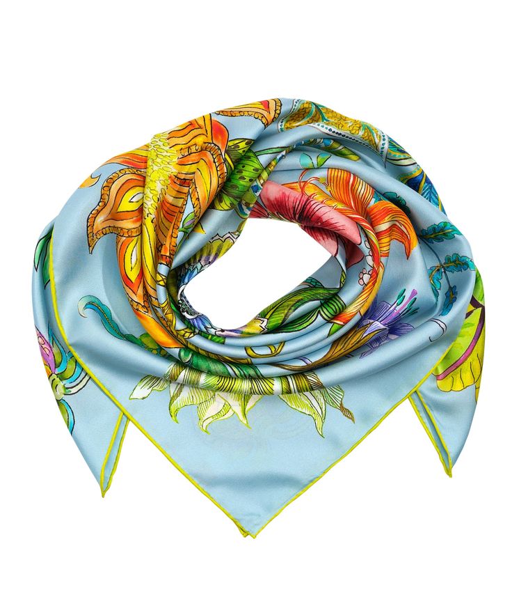 This vibrant floral print is an accent that will instantly elevate any outfit. About the Series Collection​ Each Series Collection scarf is a lovingly crafted silk square made from the finest silk twill with a hand rolled hem. Featuring original patterns from master artists, Series Collection prints are rich with vibrant color and intricate detail. We introduce a new member to the collection seasonally, every one a timeless work of art you can wear. Dimensions: 35 in. x 35 in.Materials: 100% Sil Silk Square Scarf, Green Sky, Hand Roll, Gift Card Sale, Silk Twill, Rolled Hem, Swim Accessories, Square Scarf, Blue Cream