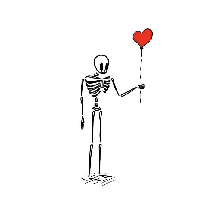 a drawing of a skeleton holding a red heart balloon