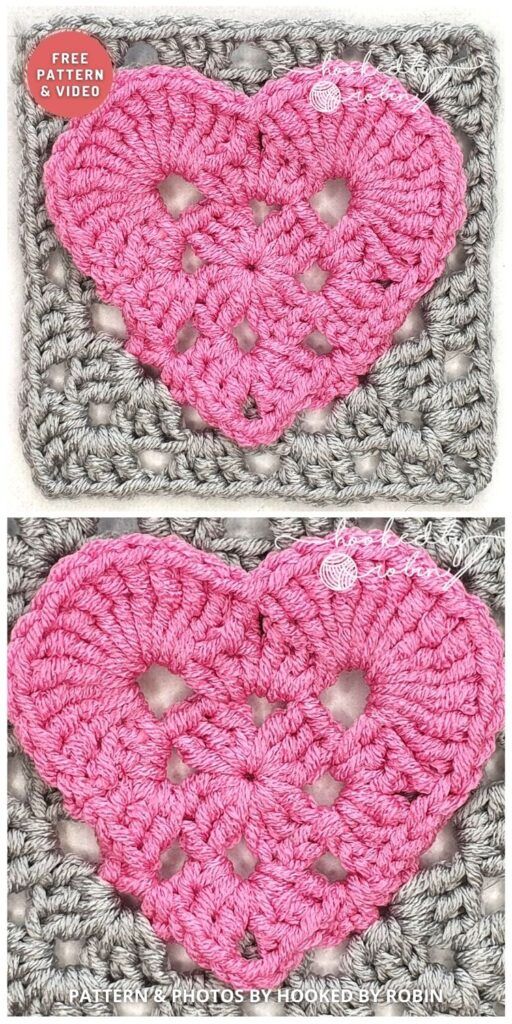 two crocheted hearts are shown in the shape of a heart, one is pink and