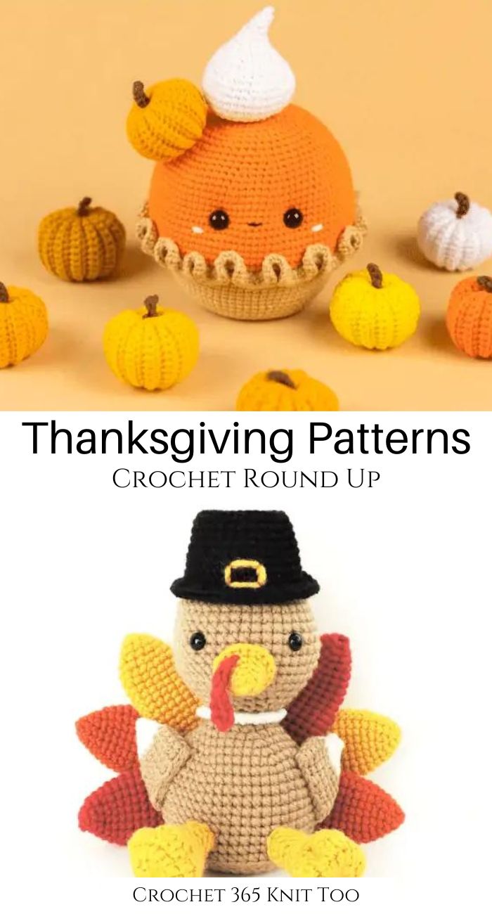 crocheted thanksgiving turkey and pumpkins with the words thanksgiving patterns on it's side