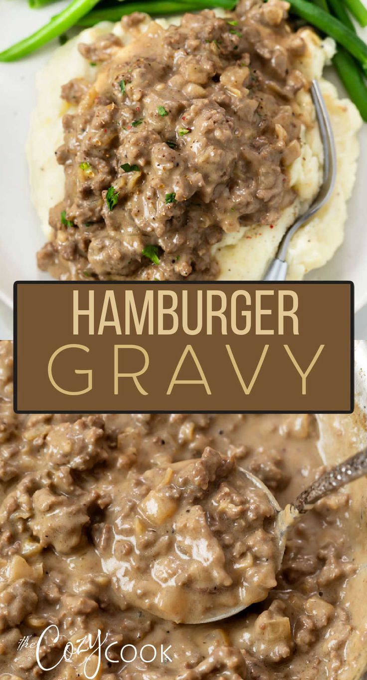 Hamburger Gravy on top of mashed potatoes. Bottom pic is hamburger gravy with a silver spoon Hamburger Gravy Recipe, Beef Gravy Recipe, Hamburger Gravy, Homemade Gravy Recipe, Easy Gravy Recipe, Easy Ground Beef Recipes, Easy Ground Beef, Homemade Gravy, Beef Casserole Recipes