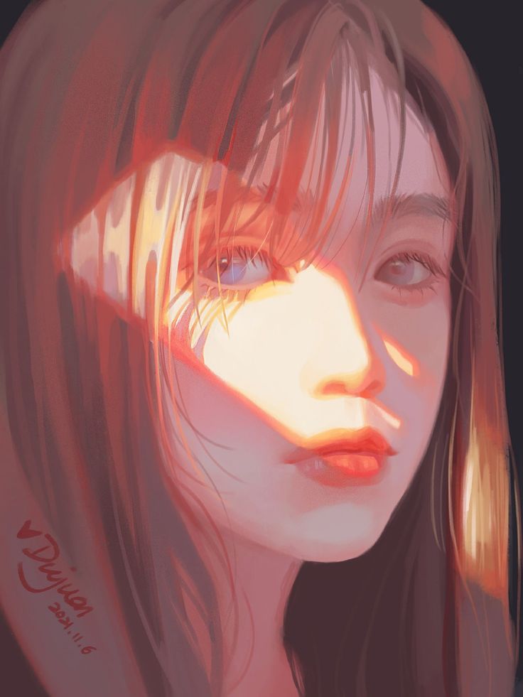 a digital painting of a woman's face with the sun shining through her hair