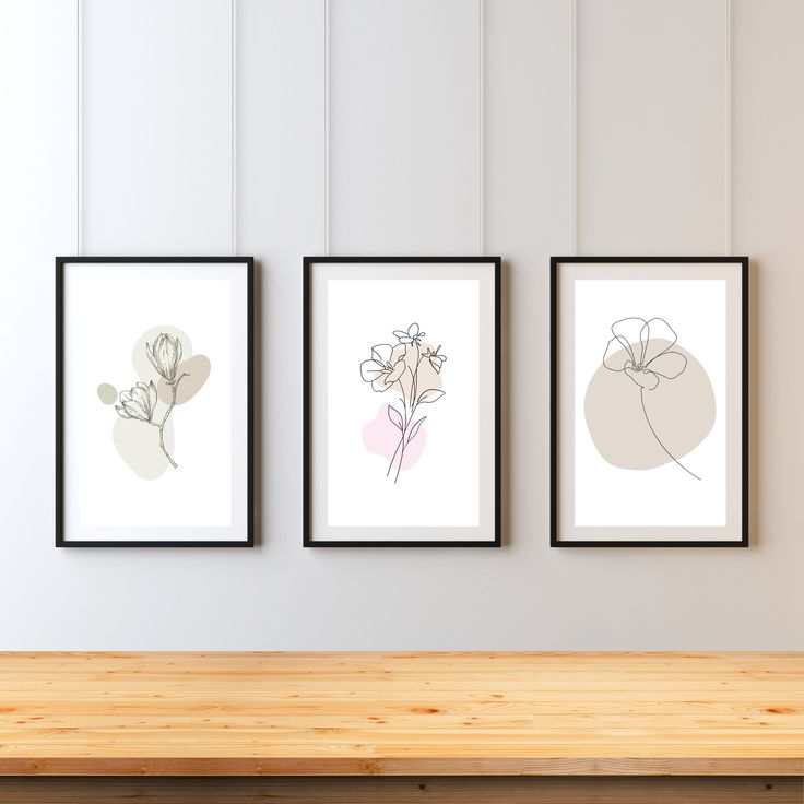 three framed flowers on a wall above a wooden bench