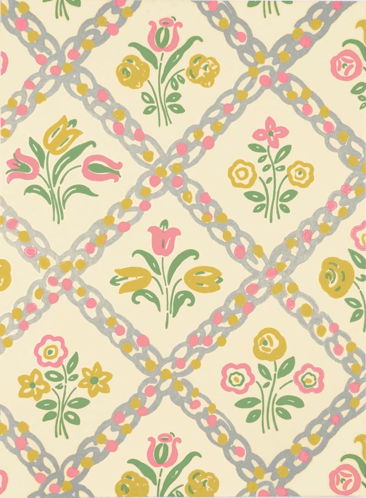 an old wallpaper with flowers and chains on the front, in pastel colors