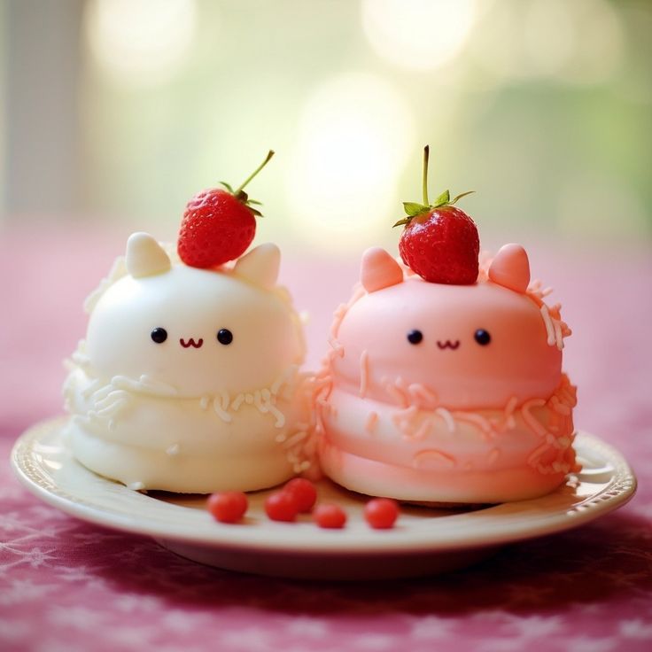 two small cakes sitting on top of a plate with strawberries on top of them