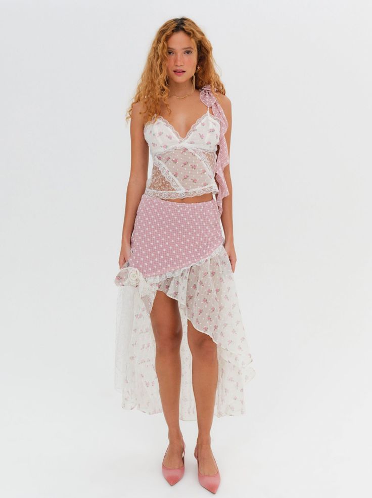 Francine Midi Skirt — Pink Pretty Pink Clothes, Feminine Bottoms With Lace Patchwork For Spring, Spring Pink Patchwork Skirt, Summer Lace Patchwork Skirt, Summer Skirt With Lace Patchwork, Asymmetrical Skirt With Lace Trim For Summer, Pink Lace Skirt For Spring, Spring Maxi Skirt With Lace Patchwork, Summer Midi Skirt With Lace Trim