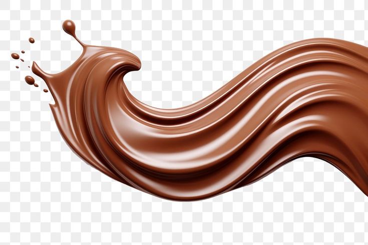 chocolate flowing in the air on top of a white background, with water droplets coming from it