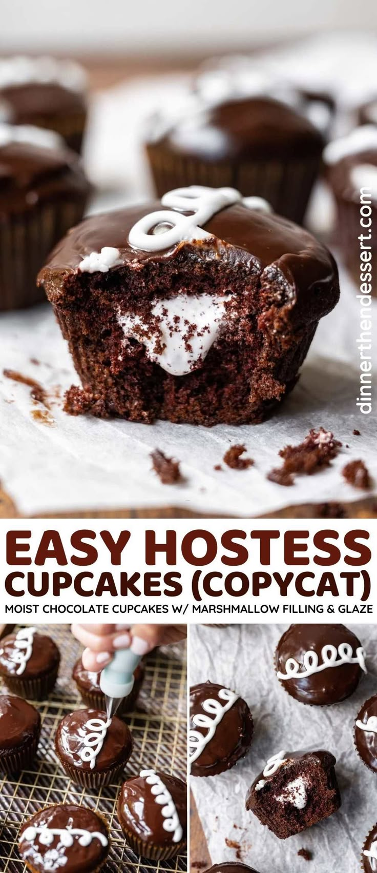 chocolate cupcakes with white frosting on top and the words easy hostess cut in half