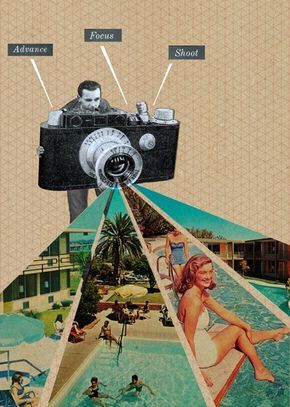 a collage of pictures with people in the water and an old camera on top