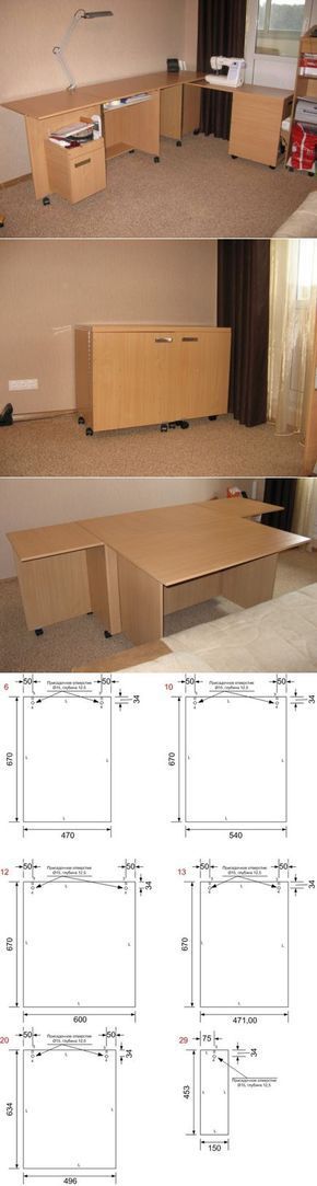 the plans for an office desk are shown in three different views, and there is no image on it