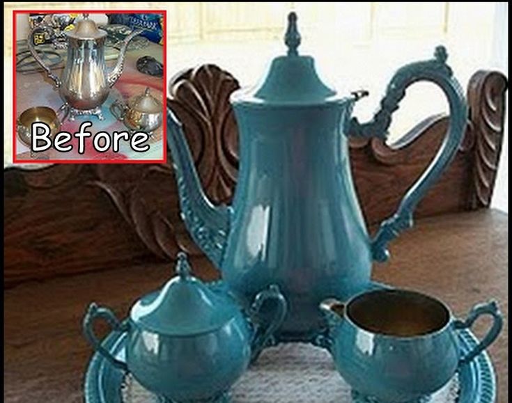 a blue tea set sitting on top of a table