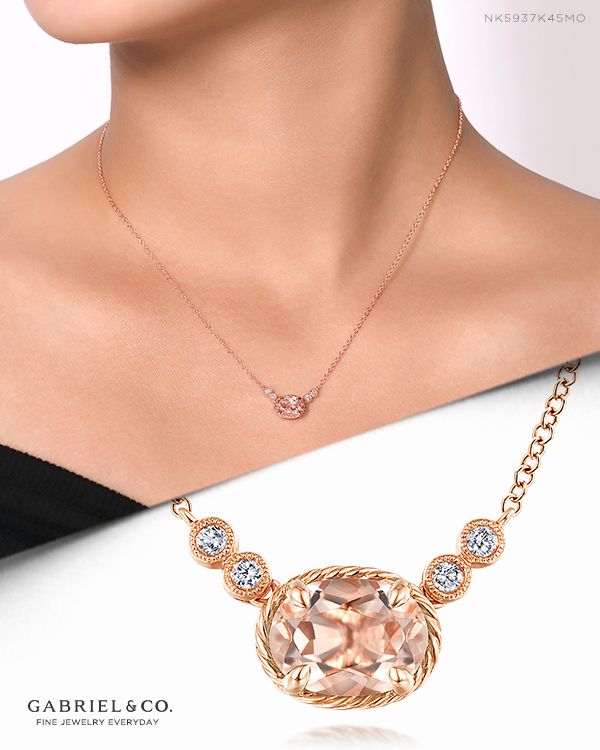 14K Rose Gold Oval Morganite and Bezel Set Diamond Accent Pendant Necklace. NK5937K45MO #GabrielNY #DiamondJewelry #FineJewelry #GabrielAndCo #UniqueJewelry #FineJewelry#FashionJewelry#UniqueJewelry#GiftIdeas#UniqueGifts #DiamondJewelry #Jewelry#Necklaces #DiamondNecklace #GoldNecklace#MorganiteFashionNecklace Luxury Oval Rose Gold Diamond Necklace, Luxury Rose Gold Oval Diamond Necklace, Rose Gold Necklace With Gemstone Accents For Formal Occasions, Formal Rose Gold Necklace With Gemstone Accents, Luxury Oval Rose Gold Necklace, Luxury Rose Gold Oval Necklace, Elegant Oval Cabochon Necklace For Anniversary, Pink Gold Necklace For Formal Occasions, Elegant Rose Gold Jewelry With Oval Cabochon