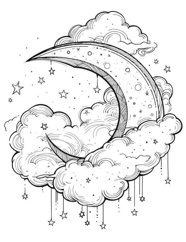 a drawing of a crescent moon in the sky with clouds and stars around it, on a white background