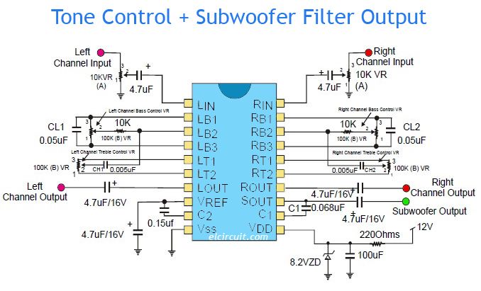 an electronic circuit diagram showing the components for a microcontrol and subwoofer filter output