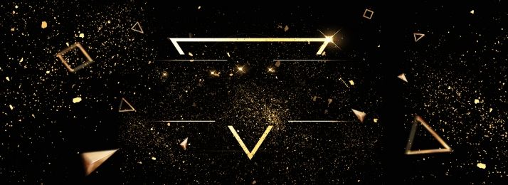 an abstract black background with gold triangles and confetti on the bottom right corner