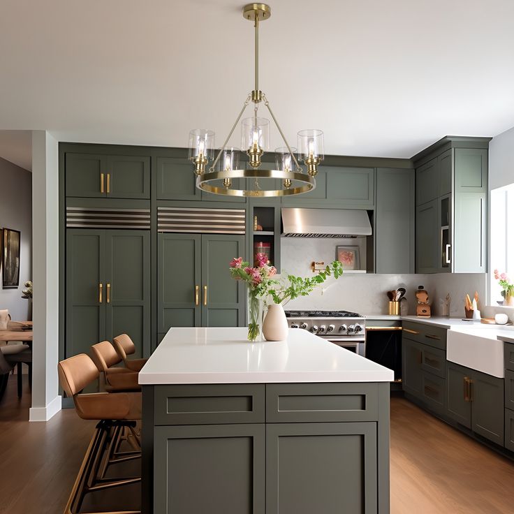 a large kitchen with green cabinets and white counter tops, an island in the middle