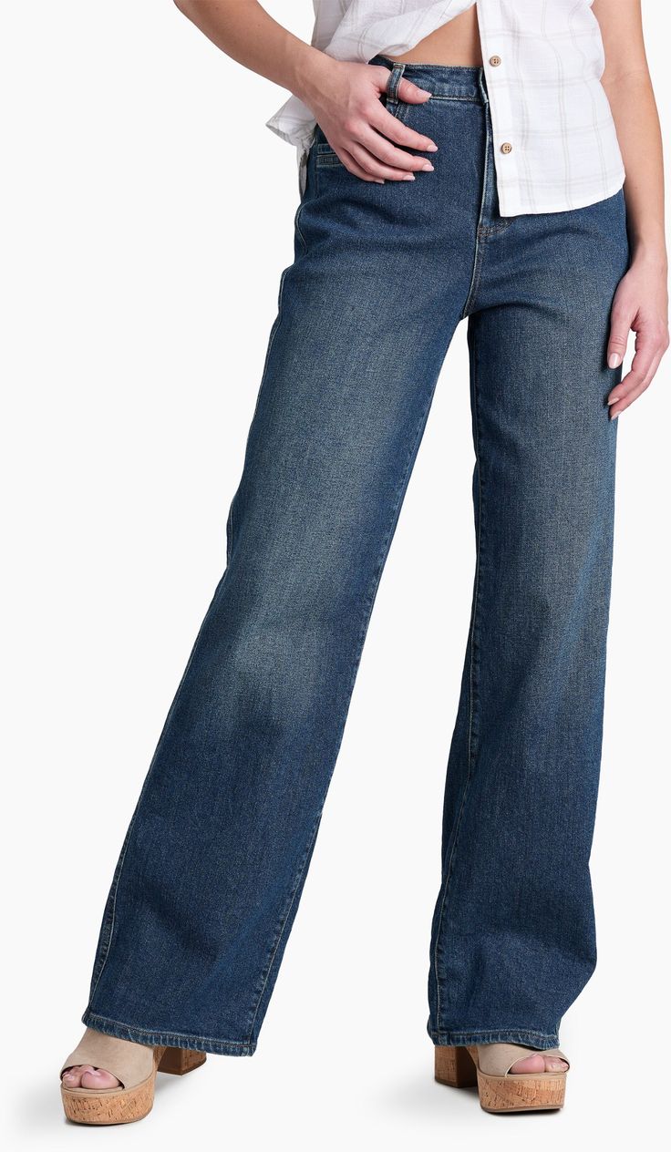 Combining the feel of classic jeans with modern performance and an ultra-comfortable fit  the women's KUHL Kontour Rigid Wide-Leg Denim pants offer a stylish yet durable option for everyday wear. Relax Pants, Spandex Pants, Denim Pants Women, Pants And Leggings, Classic Jeans, Womens Jeans, Women Pants Casual, Rei Co-op, Wide Leg Denim