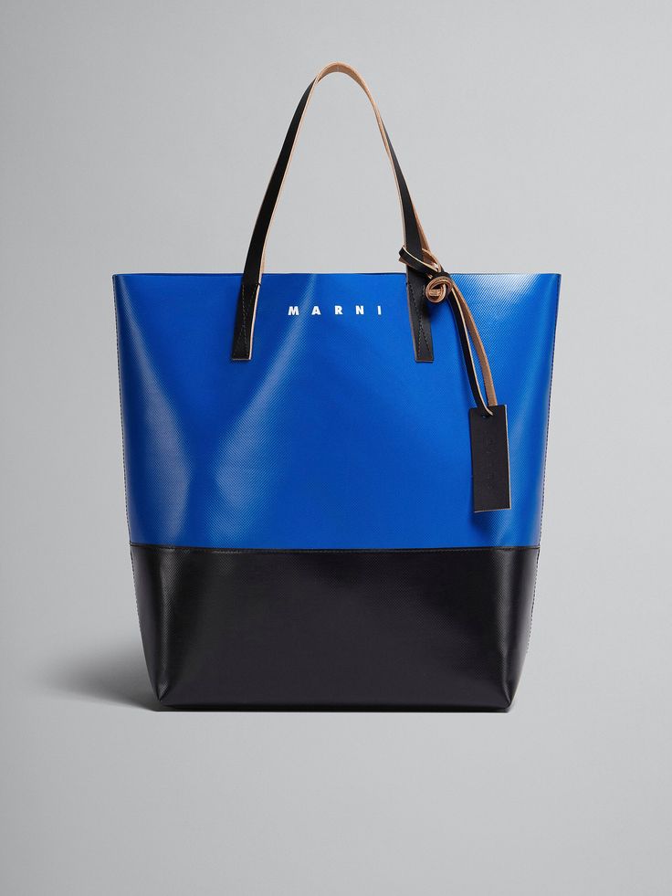 North/South open tote bag. Leather handles and tag with embossed Marni logo. Printed Marni logo. Blue Double Handle Shoulder Bag With Logo, Blue Shoulder Bag With Logo And Double Handles, Everyday Bucket Bag With Logo, Everyday Bucket Bags With Logo, Everyday Use Bucket Bags With Logo, Modern Bags With Logo For Daily Use, Blue Leather Bags With Logo, Blue Top Handle Bag With Logo, Everyday Blue Bags With Logo