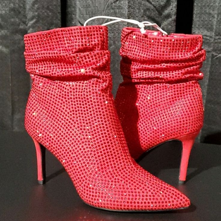 Nine West Dazzle Ankle Boots Size 7/M Color Red Brand New/Never Worn Glass Gem Boots Suede Heels 3 1/2" Heels Inside Zipper Glamorous! Sparkly Comment Below For Any Questions. Winter Party Heels With Red Sole, Red Party Booties For Fall, Red Round Toe Heeled Boots For Party, Red Pointed Toe Heeled Boots For Party, Red Ankle Booties For Party, Trendy Red Heeled Boots For Party, Red Heeled Boots For Party, Red High Ankle Heels For Party, Glamorous Red Boots For Fall