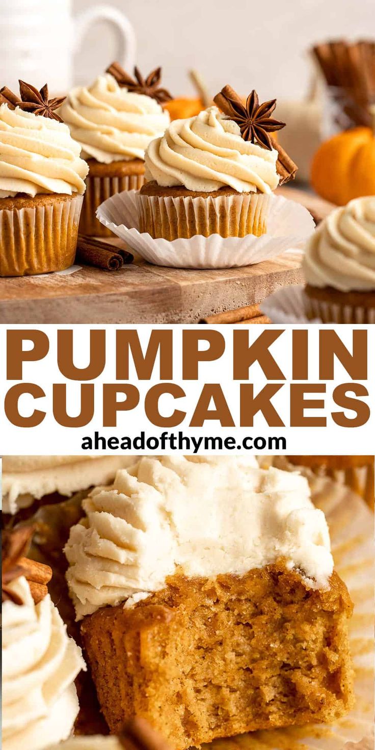 pumpkin cupcakes with white frosting and cinnamon sprinkles