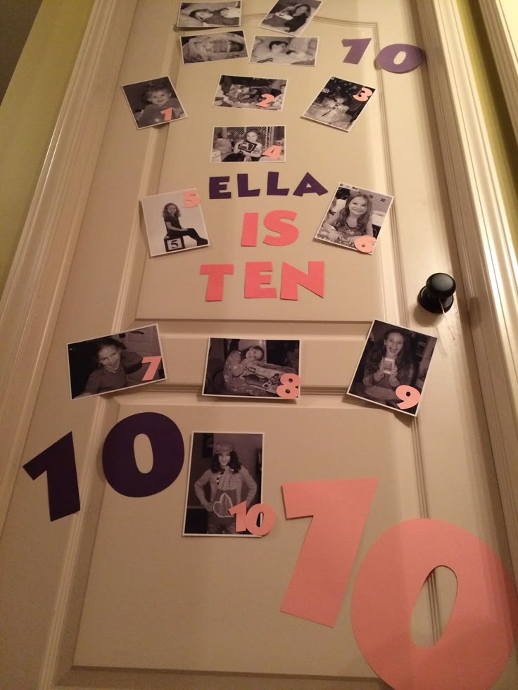 the door is decorated with pictures and magnets to celebrate ten years of being 10